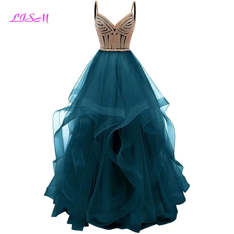 Tulle Crystal Beaded Long Prom Dresses Tiered Formal Evening Dress Spaghetti Straps Sweetheart Ball Gown Princess Party Gowns Prom Dresses Prom Dresses