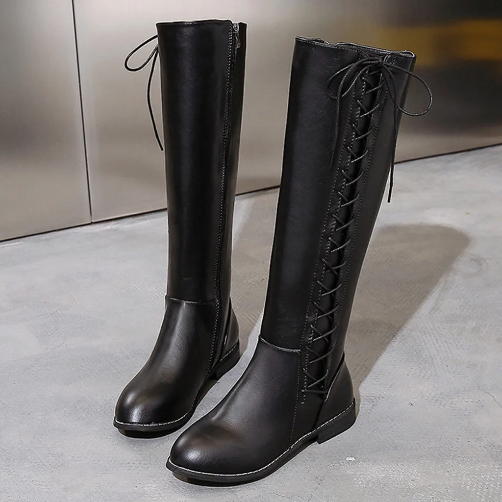 Женские ботинки модные кожаные сапоги на молнии с квадратным каблуком сапоги до колена с круглым носком и перекрестными ремешками женская обувь; большие размеры; M50