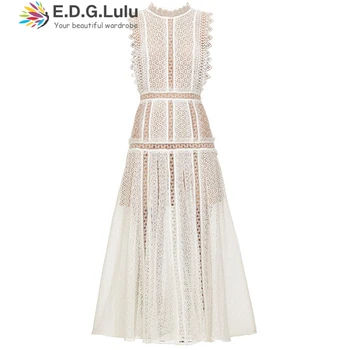 

EDGLuLu High Quality Spring Summer 2020 Woman Designer White Dress Long Lace Sleeveless Elegant Party Dress 0413