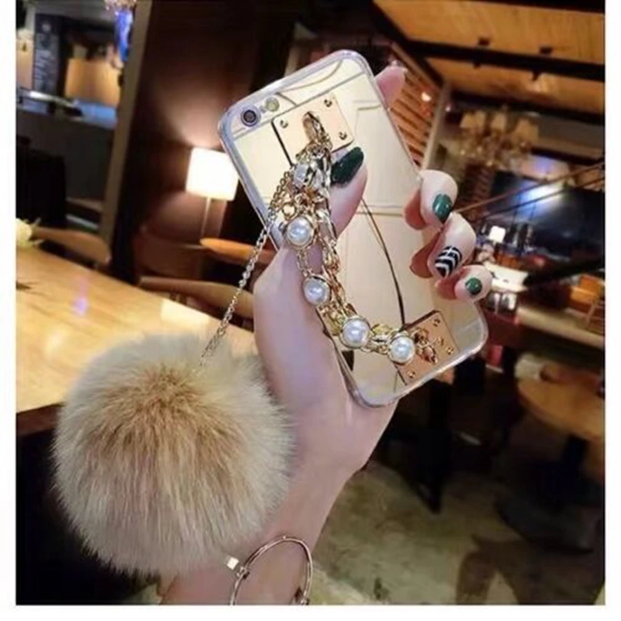 

For Xiaomi F1 6 8 9 max 2 6 plus Redmi Note 7 5 6 Case Make-up Mirror Pearl Fur Plush Ball Strap Chain Back Phone