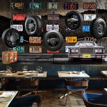 

Custom Any Size Mural Wallpaper 3D Retro License Plate Tyre Cement Wall Fresco KTV Bar Restaurant Background Wall Decor Tapety