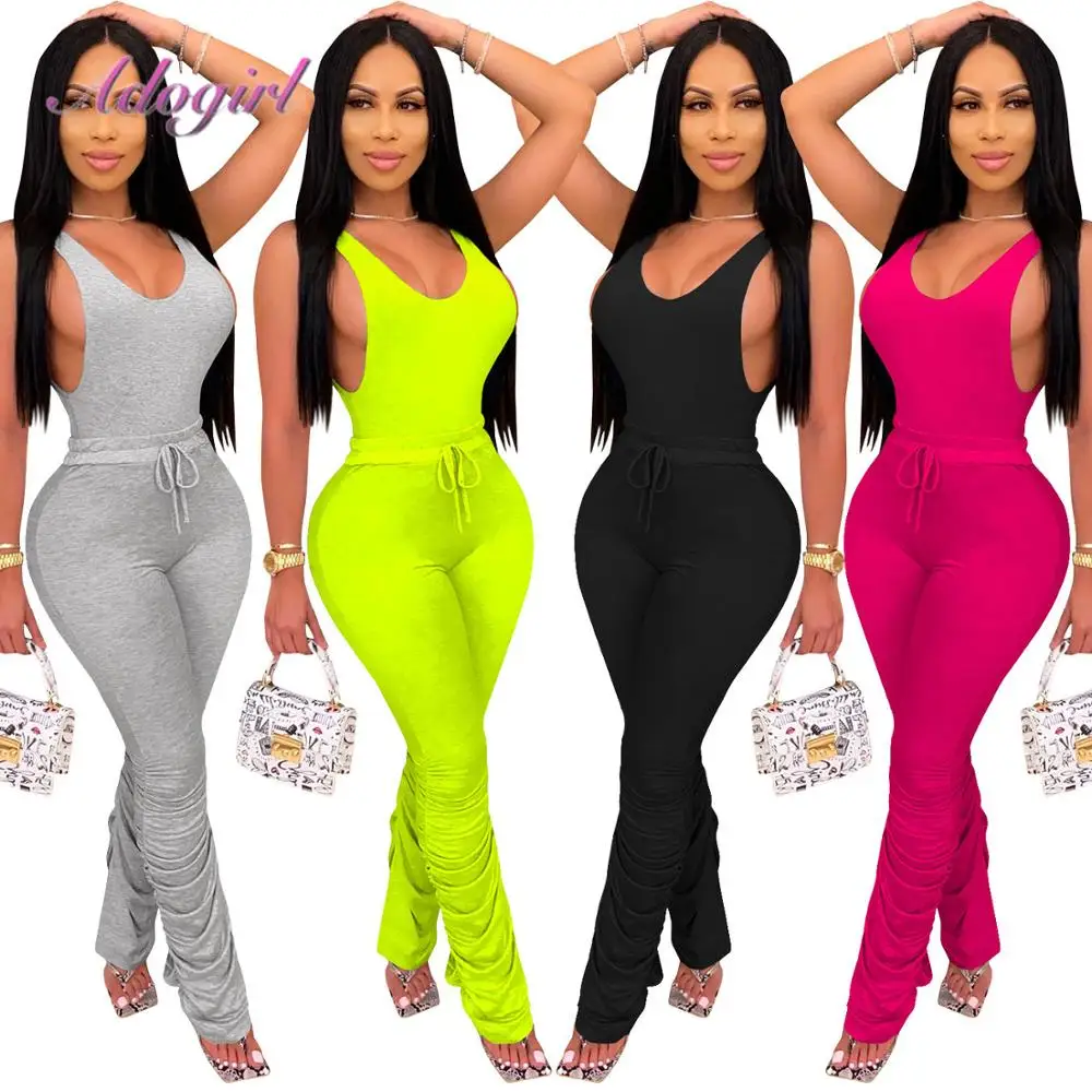 Activewear Women'S Set Tracksuit Solid Sleeveless Open Back Tee Tops Stacked Pants Suit Outfit Jogging 2 Piece Sets Matching |