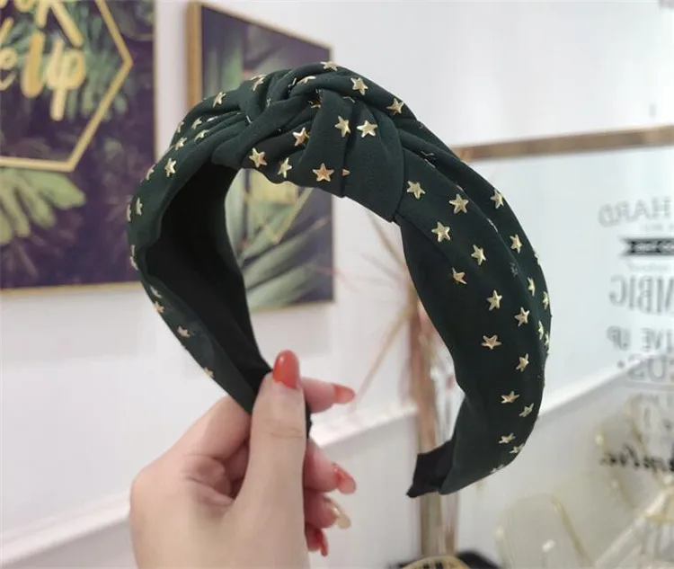 green Модные женские позолоченные звезды узел бант широкие головные тканевые повязки для младенцев простой обруч ручной работы полный звезды держатель для волос - Цвет: green