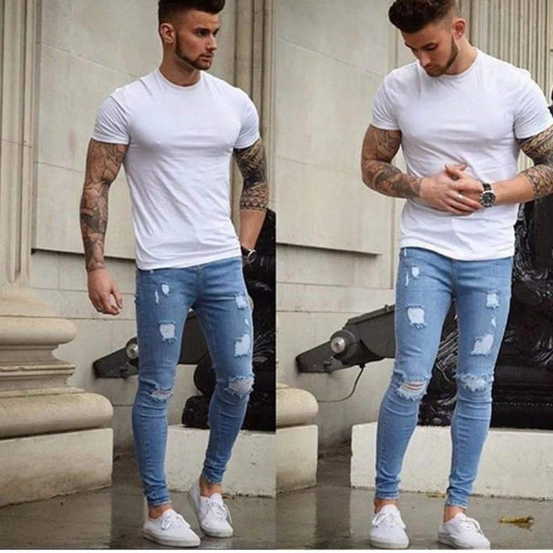 2019 Menswear Solid color Nostalgic Denim Ripped Jeans Slim Stitching Casual Pencil | Мужская одежда