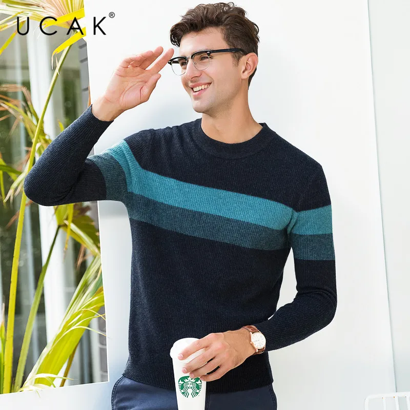 Cheap UCAK Brand 100% Merino Wool Sweater Men Fashion Casual O-Neck Pullover Men Autumn Winter Warm Cashmere Sweaters Pull Homme U3071