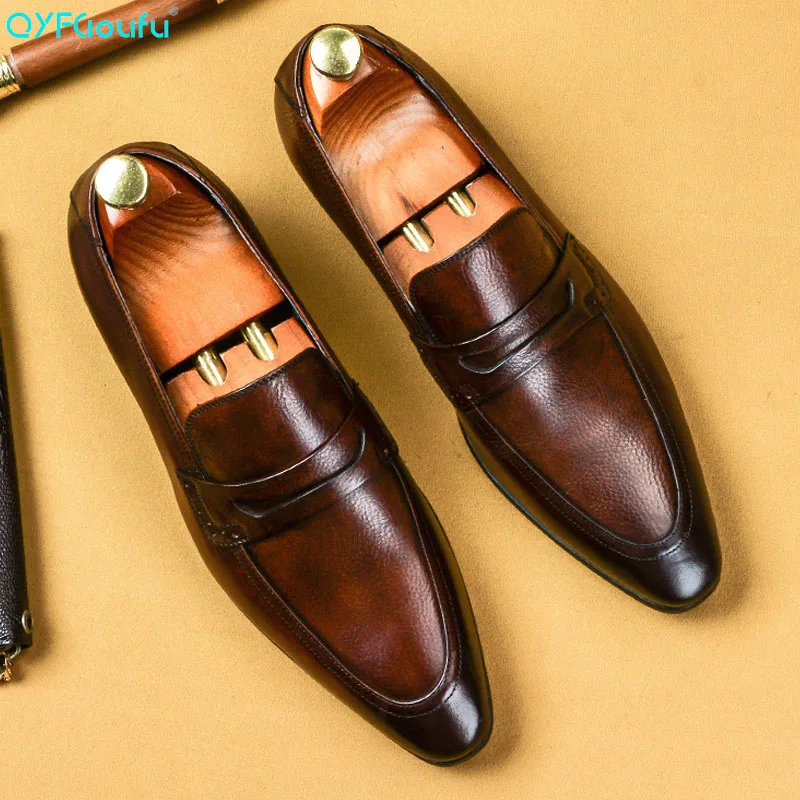

QYFCIOUFU 2019 Flat Men Shoe Genuine Leather Luxury Brand Handmade Oxford Shoes Formal Wedding Party Mens Loafer Shoes Italian