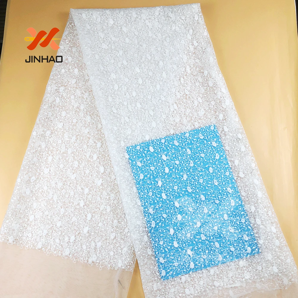 

5Yard 2019 High Quality Sequin Lace Fabric Simple White Milk Silk Embroidery Flowers Mesh Sequins Lace Fabric Wedding Decoration
