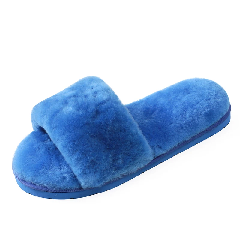 blue Minmclas/женские тапочки из овечьей кожи с мехом; женская одежда; модная домашняя обувь на толстой подошве; теплая шерстяная обувь для дома - Цвет: blue