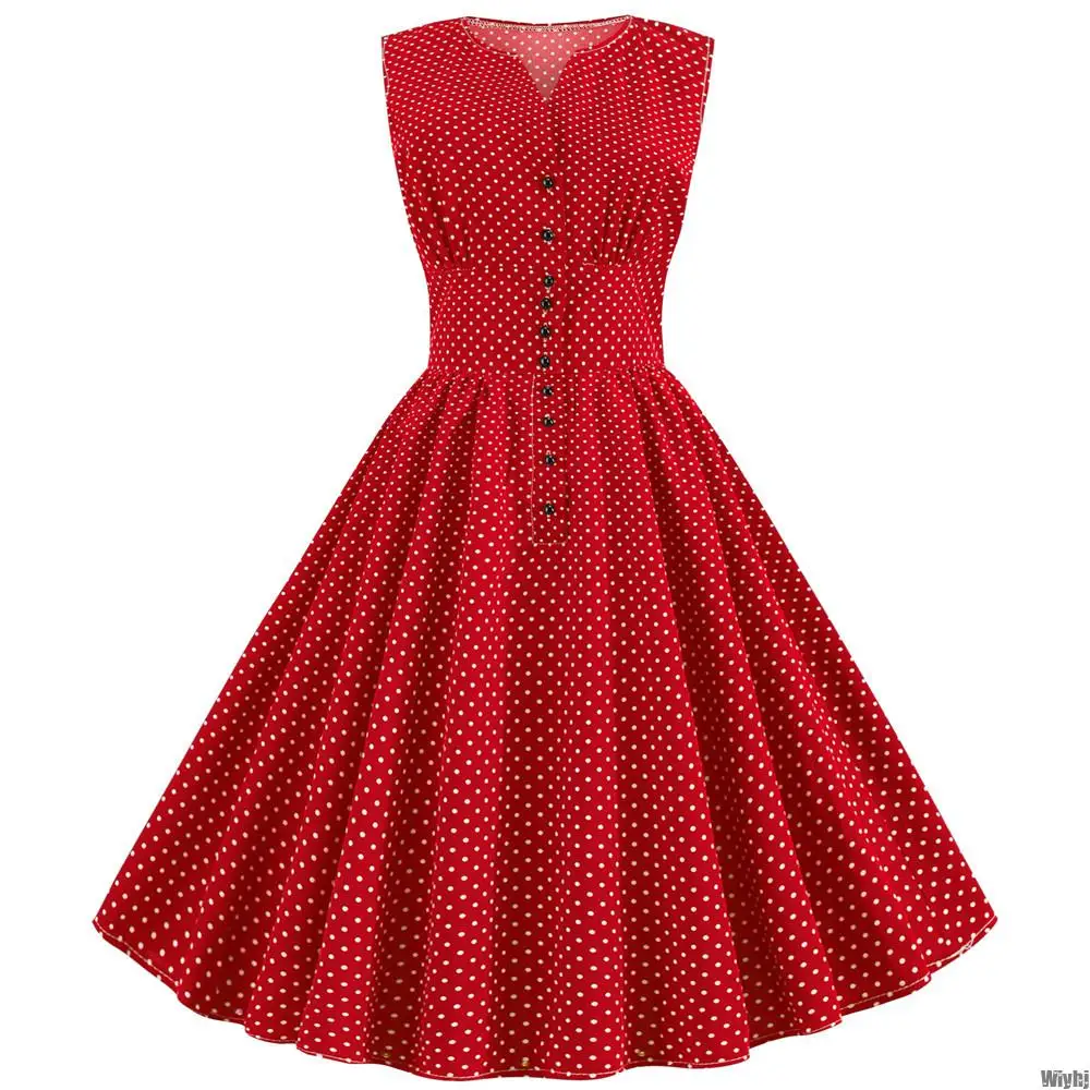 New Women's Sleeveless Tunic Retro Collar Summer Dress White Polka Dot Button Knee Length | Женская одежда
