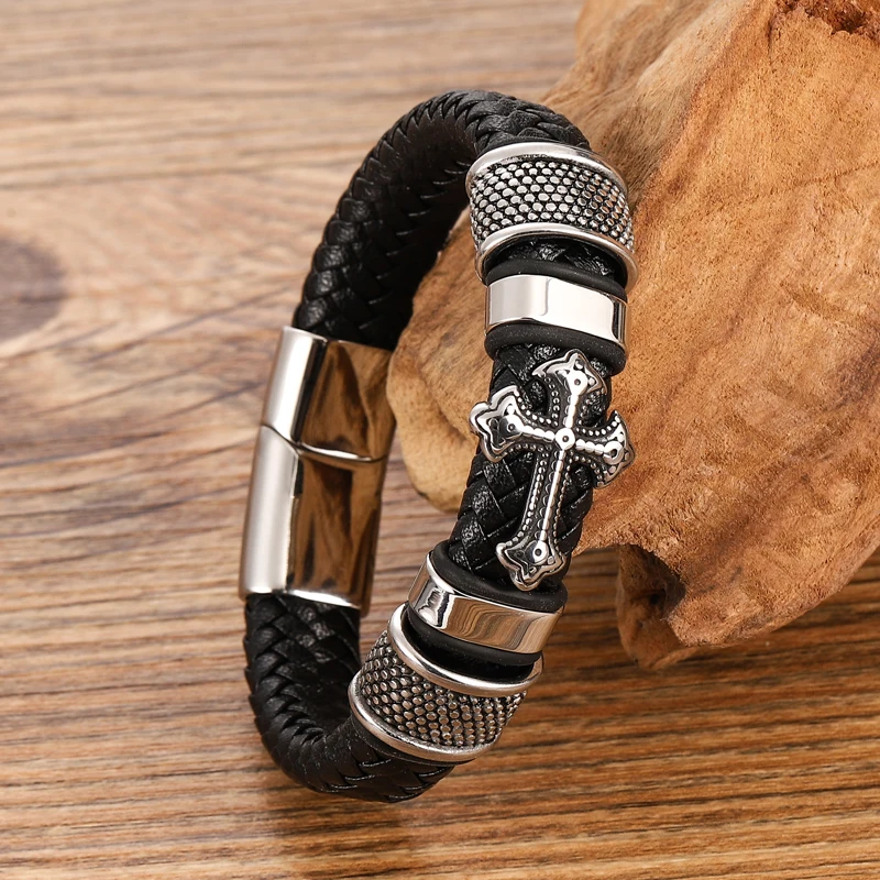 Stainless Steel Cross Bangles With Charms Chakra Men Black /Brwon Leather Bracelet Male Braided Multilayer Fashion Wholesale - Image 4