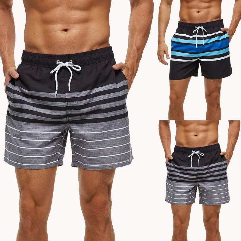 Cheap Adisputent 2020 Summer Men's Striped Swimwear Shorts Male Quick-drying Short Pants Casual Shorts Sports Beachwear With Pockets