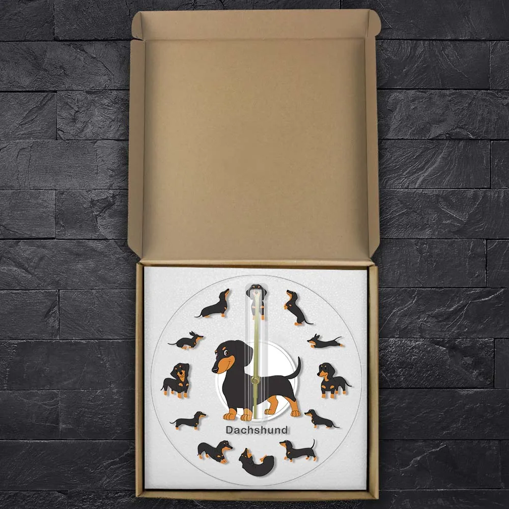 Cartoon Dachshund Sausage Dog Printed Wall Clock Wiener Puppy Animal Pets Wall Light Canine Vets Gifts Nursery Decorative Clock