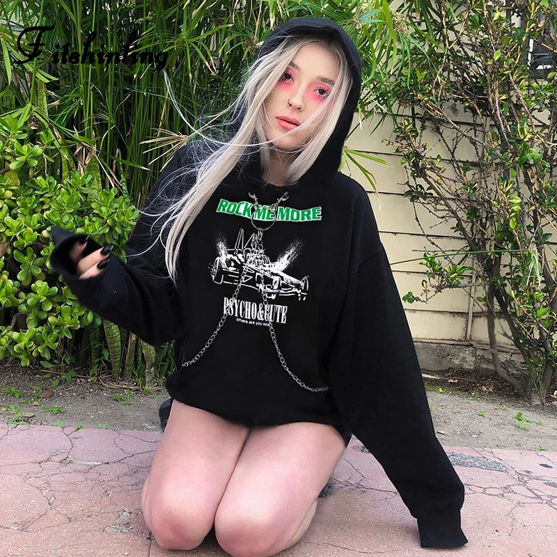 Fitshinling Goth темная цепь толстовки женские 2019 зима хлопок Принт Черная Толстовка