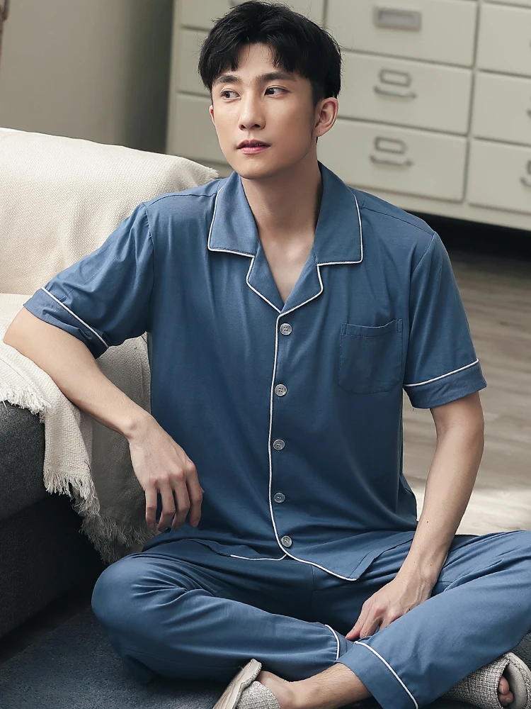 Men Modal Pajamas Set Short Sleeve+Trousers Man Sleepwear Nightwear Home Clothes Pyjamas Blue Pj Set Pijamas Homme High Quality