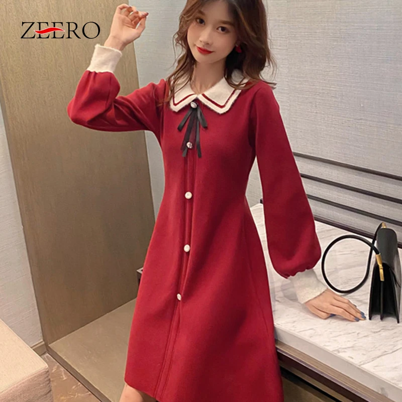 

Female Lapel Splicing Bowknot Single-breasted Lantern Sleeve A-Line Knitting Dress for Women Red Christmas Mini Dresses Oversize