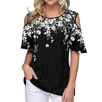 

Women Summer Loose T Shirt Casual Short Sleeve Tops Off Shoulder Print O-Neck Vintage T-Shirt