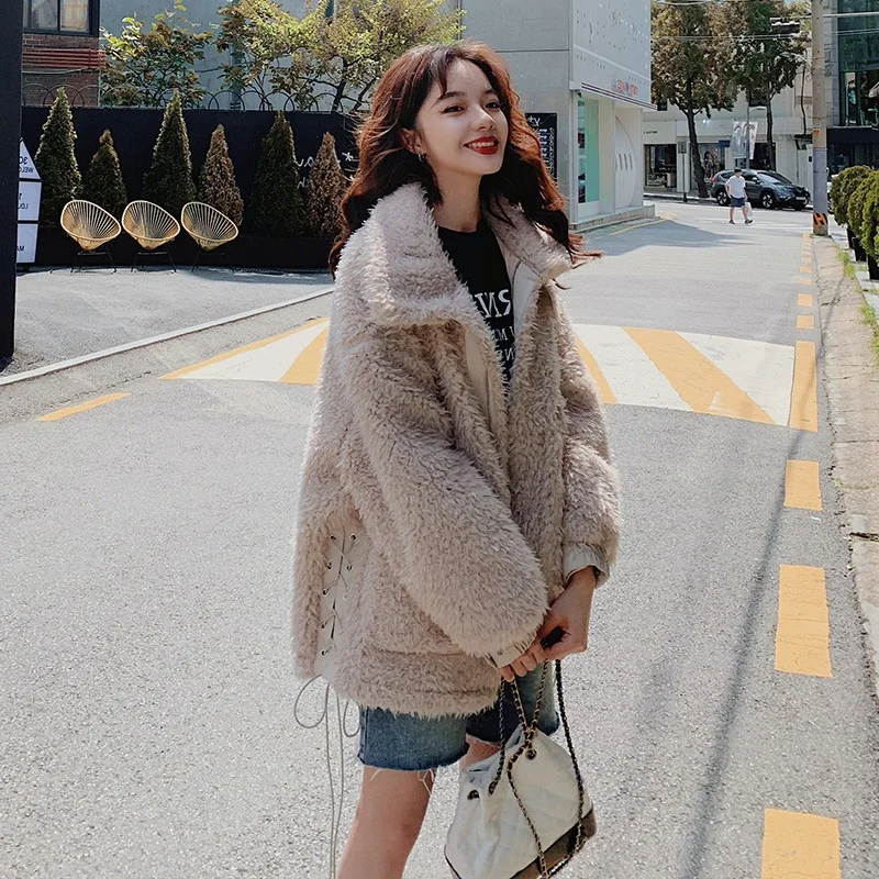 

Photo Shoot 2019 Autumn & Winter New Style ke li rong Lambs Wool Pink Handsome Stand Collar Locomotive Cotton Coat Short Coat Wo