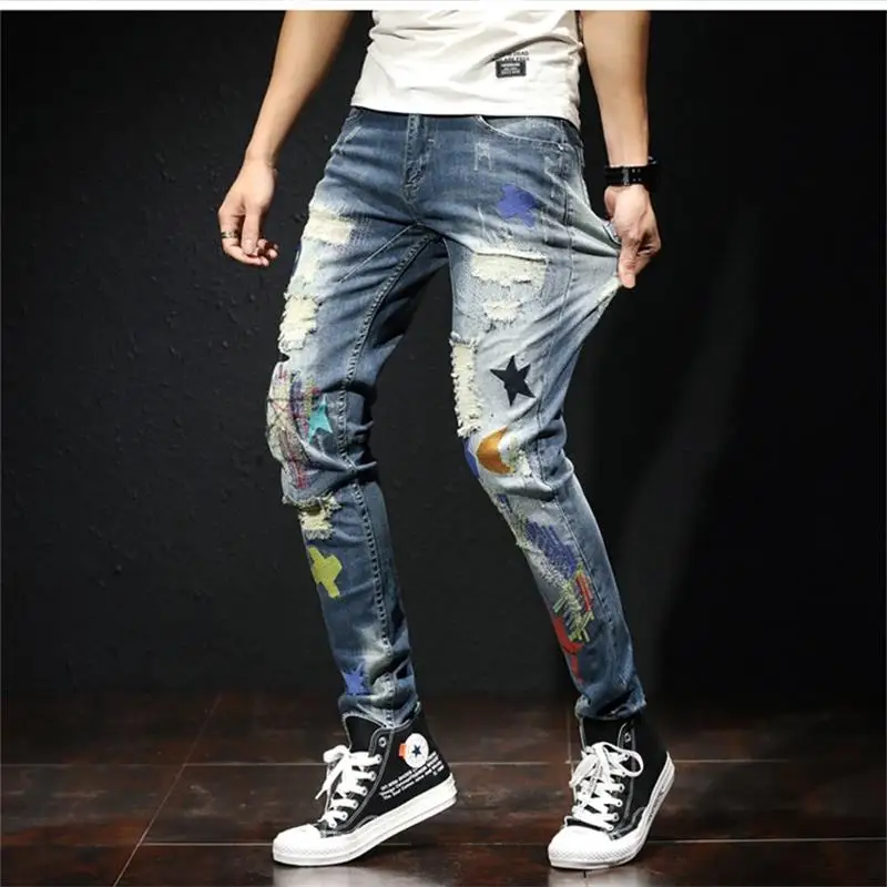 Мужские джинсы, хлопок, рваные и цвет нашивок, дизайн с принтом, высококачественные модные мужские джинсы,#817
