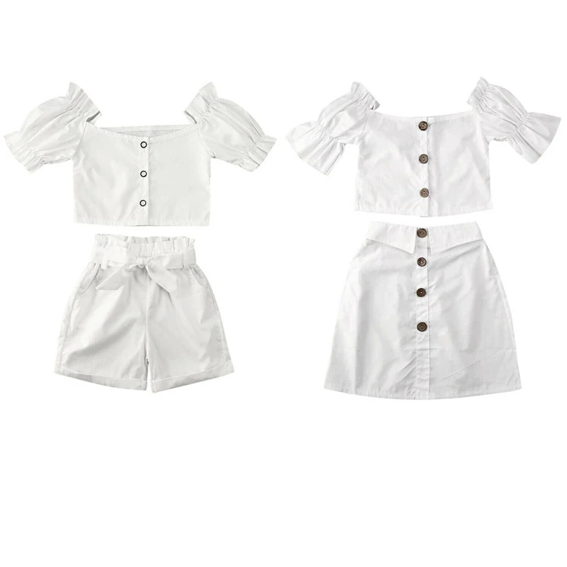 

Summer Princess Kids Baby Girl Clothes Sets Summer Off-Shoulder White T Shirts Tops+Bowknot Shorts/Skirts Clothes