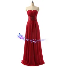 

free shipping red chiffon long bridesmaid dresses vestido longo 2016 cheap new sweetheart pleat Weddings Party dress real photos