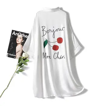 

White Satin Nightgown Women Loose Suspender Skirt Nightdress Bathrobe Casual Print Kimono Gown Intimate Lingerie Sleepwear
