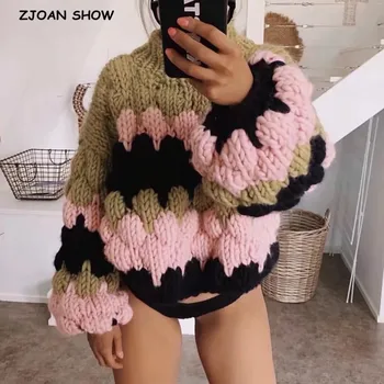 

Winter Retro Contrast Color Stripe Hand Crochet Ball Sweater Oversize Woman Long sleeve Knit Loose Knitwear Pullover Jumper