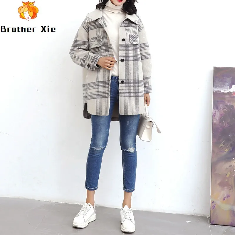 

100% Wool 2020 New Style Inch Shirt Double-sided Cashmere Overcoat Doll Collar Large Checker Wool Overcoat Korean Edition