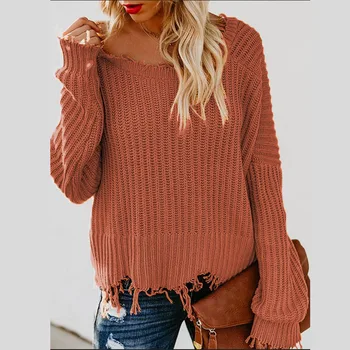 

Off The Shoulder Autumn Sweater For Women Fringe Distressed Knitted Female Top Long Sleeve Pullover Sweaters Deep V-neck Outwear