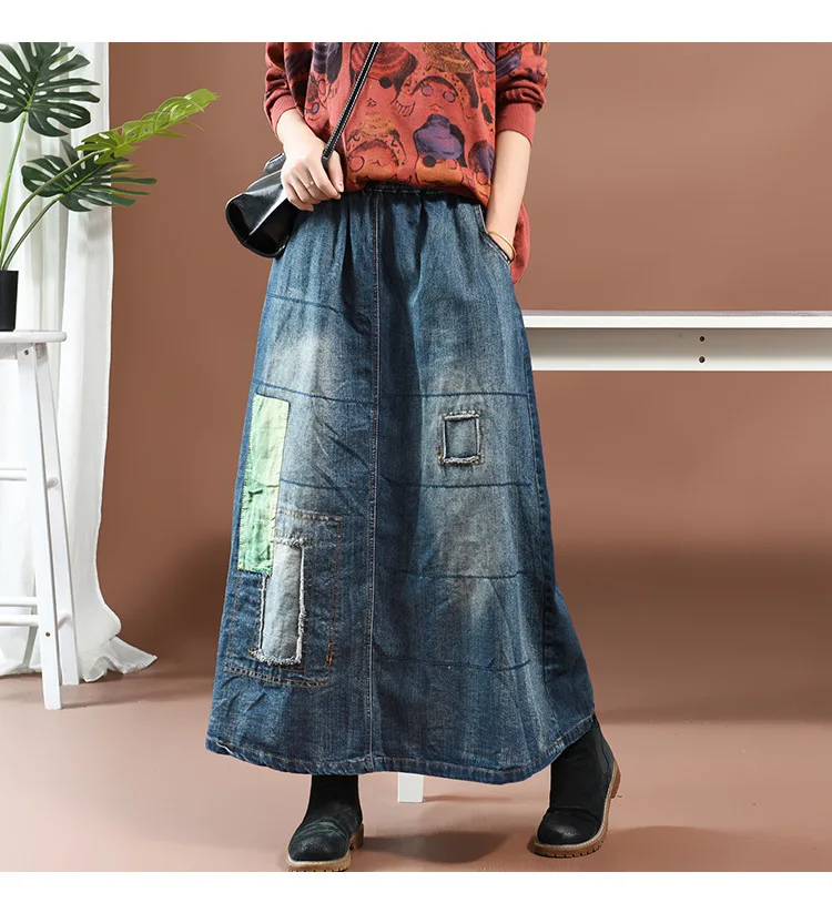 

Autumn Winter Skirt Women Retro Elastic Waist Long Denim Skirt 2019 New Female Loose pocket Patchwork Bleached Casual Skirt