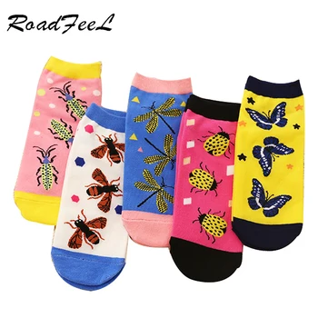 

Women Casual Animal Socks Cute Insect Butterfly Dragonfly Lady bug Printed Sock Insect Cartoon Cotton Socks 5 Colors 1/5 Pairs