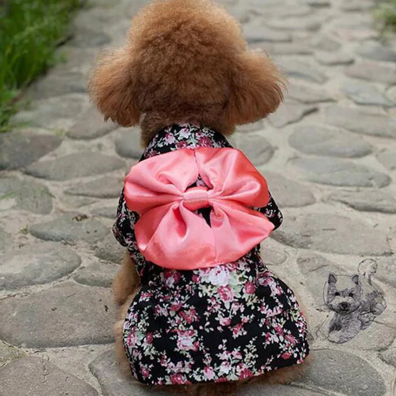 Одежда с цветочным принтом и бантом для собак, кимоно, стильное платье, атласный жилет для собак, roupa cachorro, Bichon, юбка для щенка, XS, M, L, XL