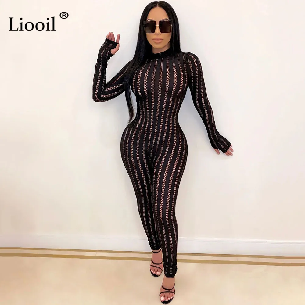 

Liooil Black And White Striped Mesh Sheer Sexy Jumpsuits For Women Long Sleeve See Through Party Club Rompers Bodycon Jumpsuit