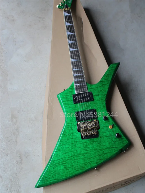

Free transportation, green goose-shaped electric guitar, green patterned body, golden hardware, customization
