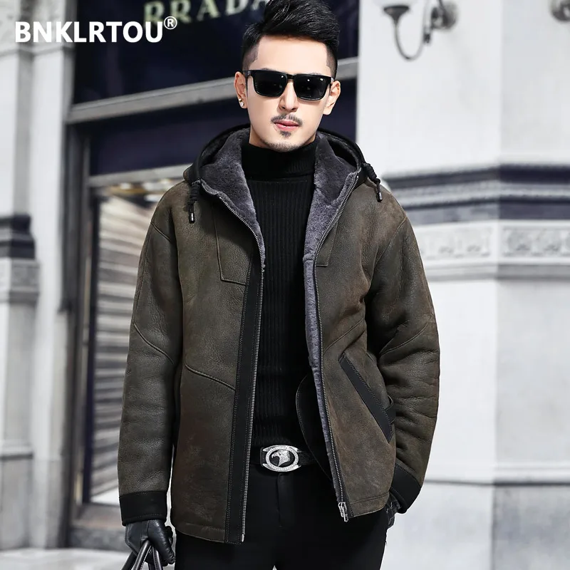 army green Куртка из натуральной кожи, зимняя мужская куртка, оригинальное натуральное шерстяное пальто с мехом, мужское роскошное пальто из овчины размера плюс, Veste Cuir Homme MY - Цвет: army green
