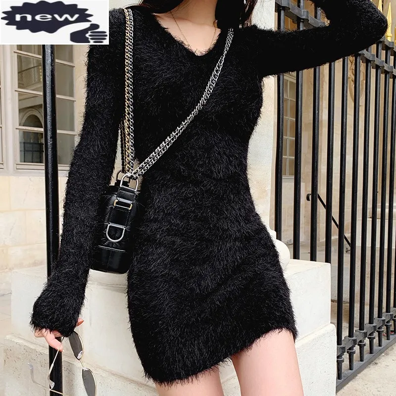 

Hot Sexy Women V Neck Bodycon Knit Fluffy Club Party Wrap Mini Dresses Korean Lady Winter Slim Fit Stretchy Sweater Dress