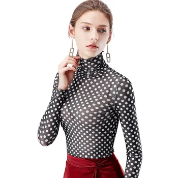 

Womens Basic Comfy Soft Long Sleeve Tshirts Slim Fit Turtleneck Tee Shirt Sheer Mesh Polka Dots Sexy Elegant Tight Top T-Shirt