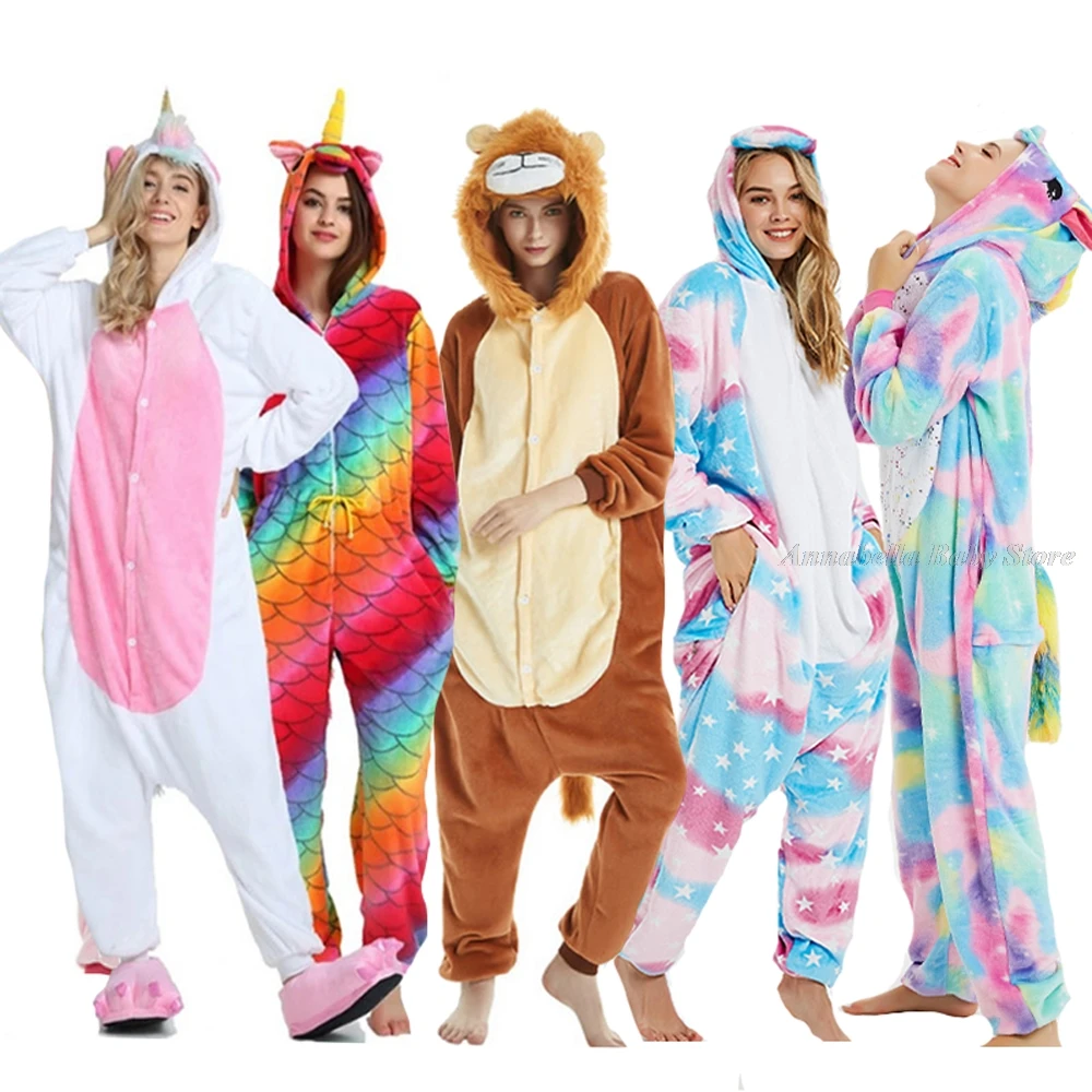 Kigurumi Panda LionTiger Bunny Onesie Unicorn Pajamas Kids Adults Man Winter Jumpsuit for Women Plus Size XL Sleep Homewear