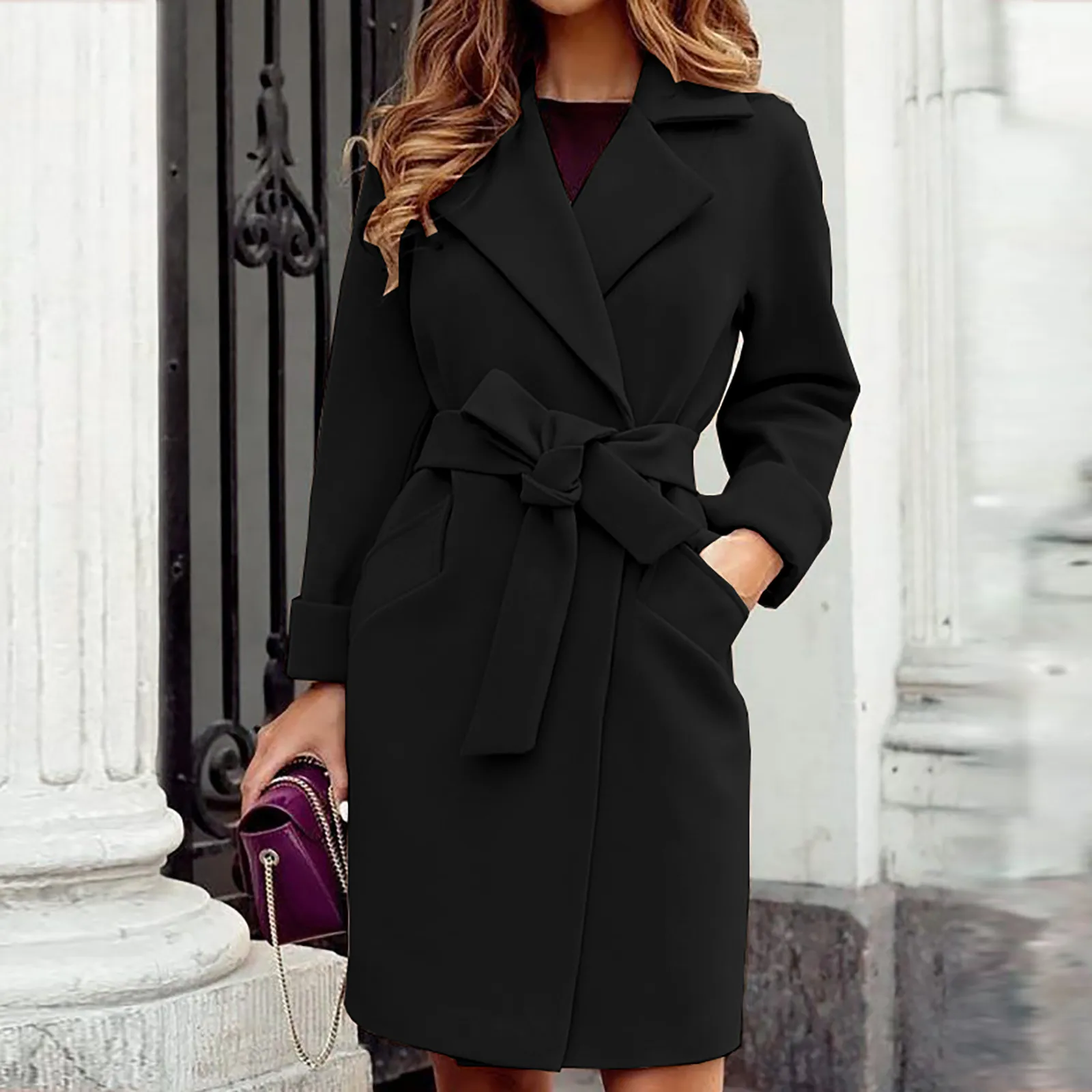 Traf Women's Coat Autumn And Winter Lapel Woolen Cloth Trench Jacket Long Overcoat Outwear Veste Femme Пальто Женское Зима Fur 2