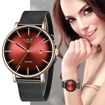 

LIGE women watches luxury brand ladies mesh belt Ultra-thin watch stainless steel waterproof clock Quartz watch Relogio Feminino