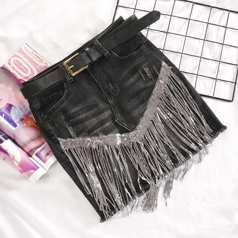 

Denim Skirt Female Summer Fashion Sequined Tassel Sexy High Waist Spring Black Short Skirt Stretch Step Skirts Woman Skirts