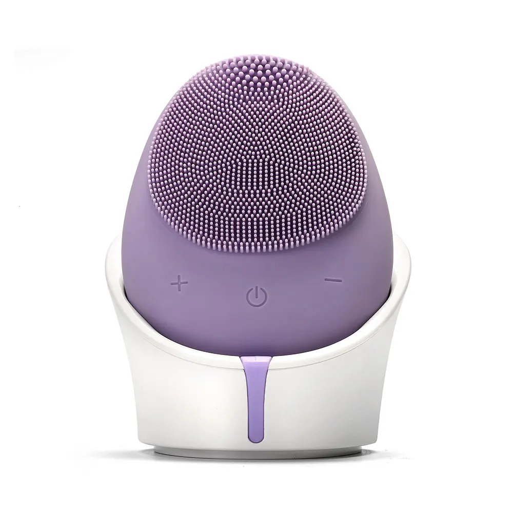 Purple Waterproof Electric Silicone Facial Cleansing Brush Sonic Vibration Massage with Wireless Charging - Цвет: Purple