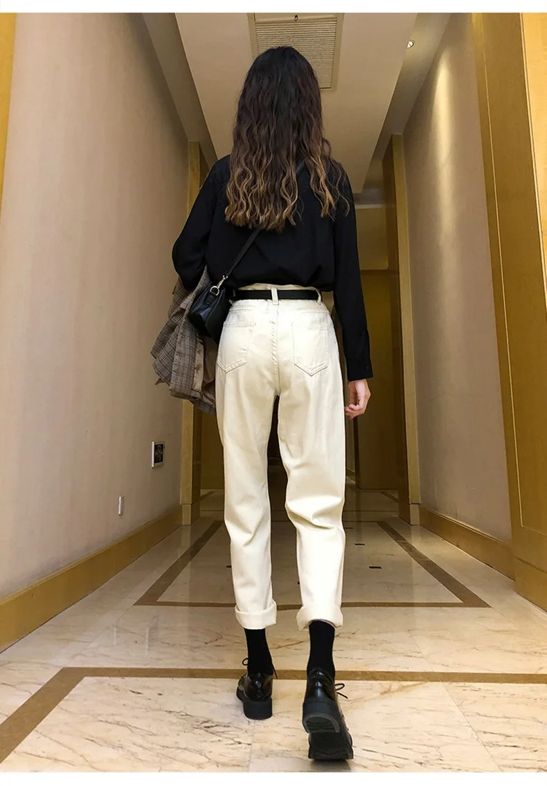 Streamgirl Womens Boyfriend Jeans For Women High Waist Loose Autumn Denim Pants Women Black Vintage Mom Jeans High Waist Beige