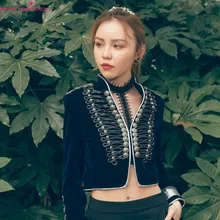 Королевский стиль женская осенне-зимняя куртка с двойным нагрудником приталенная короткая бархатная куртка с воротником-стойкой Роскошные вечерние куртки с заклепками