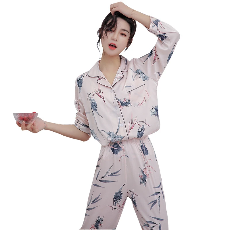 

Ladies pajamas silk thin print sweet and loose long-sleeved pajamas casual and comfortable home service suit JJF0135