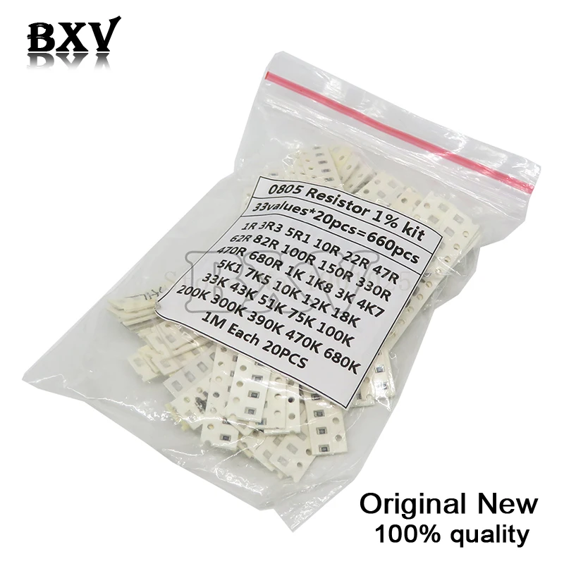 0805 SMD Resistor Kit Assorted 1ohm-1M Ohm 1% 33ValuesX 20PCS=660PCS Sample | Электронные компоненты и