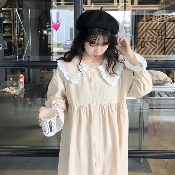 Women Dresses Kawaii Vintage Sweet Korean Long Sleeve Chic Casual Simple Daily Button Womens Lace Peter-pan Collar Lovely Loose wedding guest dresses