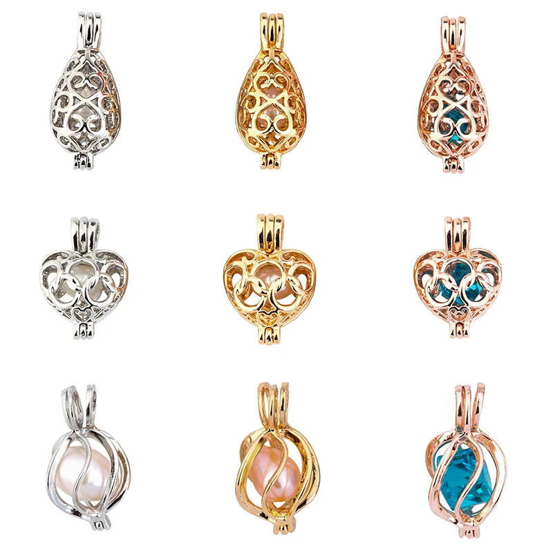 

3 Colors Hollow Essential Oil Diffuser Necklace Pendant Classic Love Heart Shape Alloy Locket Pearl Cage Pendant Women Jewelry