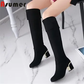 

ASUMER 2020 hot sale autumn winter knee high boots women round toe warm square high heel casual shoes ladies Elastic boots