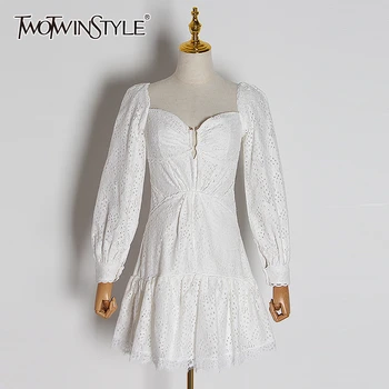 

TWOTWINSTYLE Elegant White Dress For Women Square Collar Lantern Sleeve High Waist Lace Up Dresses Female Autumn Fashion Tide
