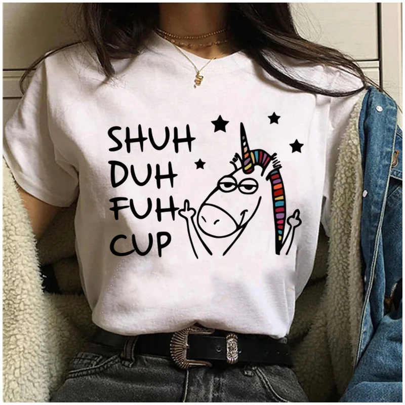 Женская футболка с единорогом kawaii с забавным рисунком ulzzang 90s Уличная футболка корейский стиль гранж Женская Повседневная футболка одежда